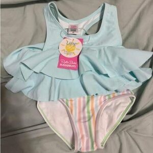 Ruffle Butts Light Blue Ruffle One Piece with Pastel Stripes